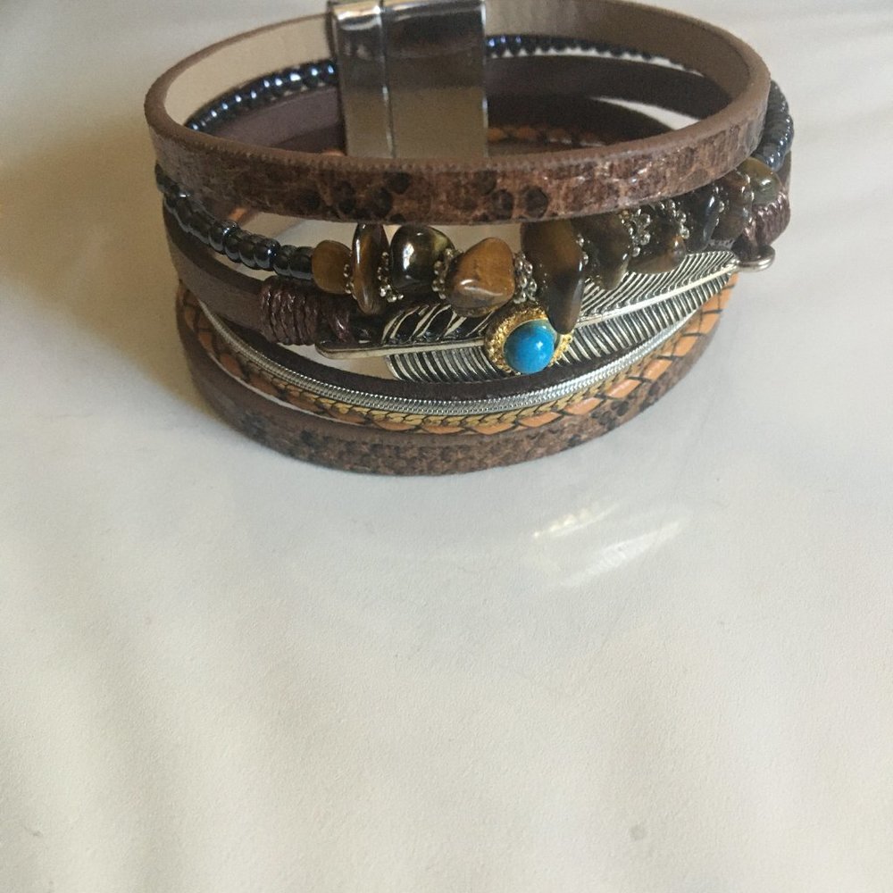 Bohemian Turquoise Silver Leaf Snakeskin Bead Multilayer Wrap Bracelet - Picture 2 of 7